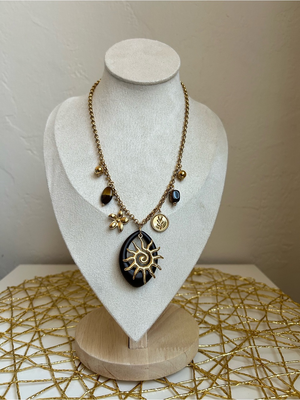 Gold-Tone Black Sun Pendant Necklace - Womens Jewelry Stainless Steel